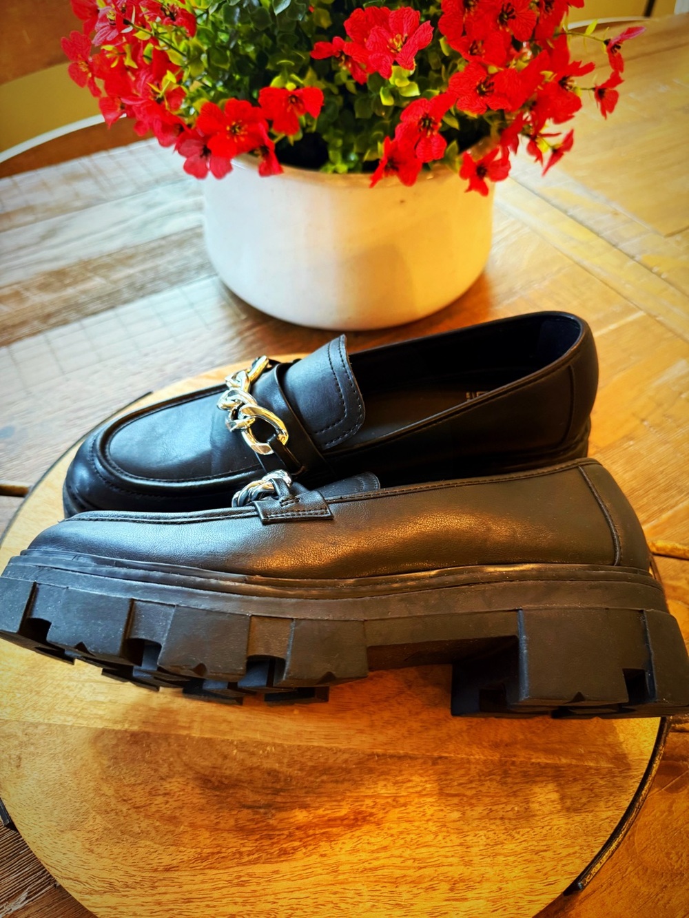 NOBO Black Faux-Leather Loafers with Silver Chain Accent - Picture 3 of 3